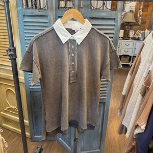 Easel Mineral Washed Ash Brown Half Button Down Top